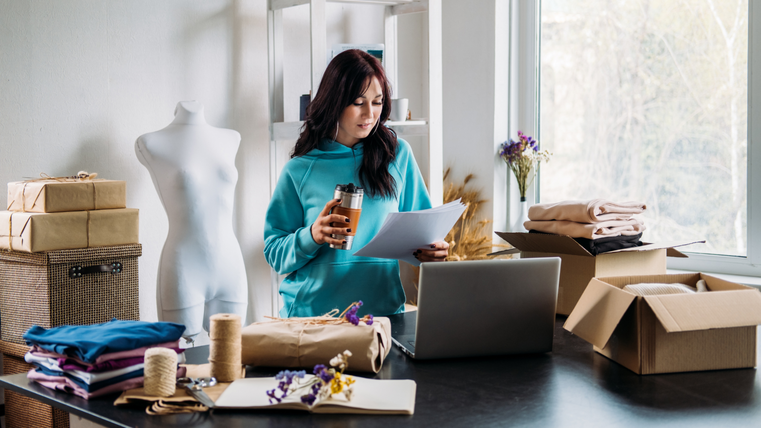 Young self-employed female clothing designer at home, holding coffee in one hand and paperwork in the other with laptop on desk.